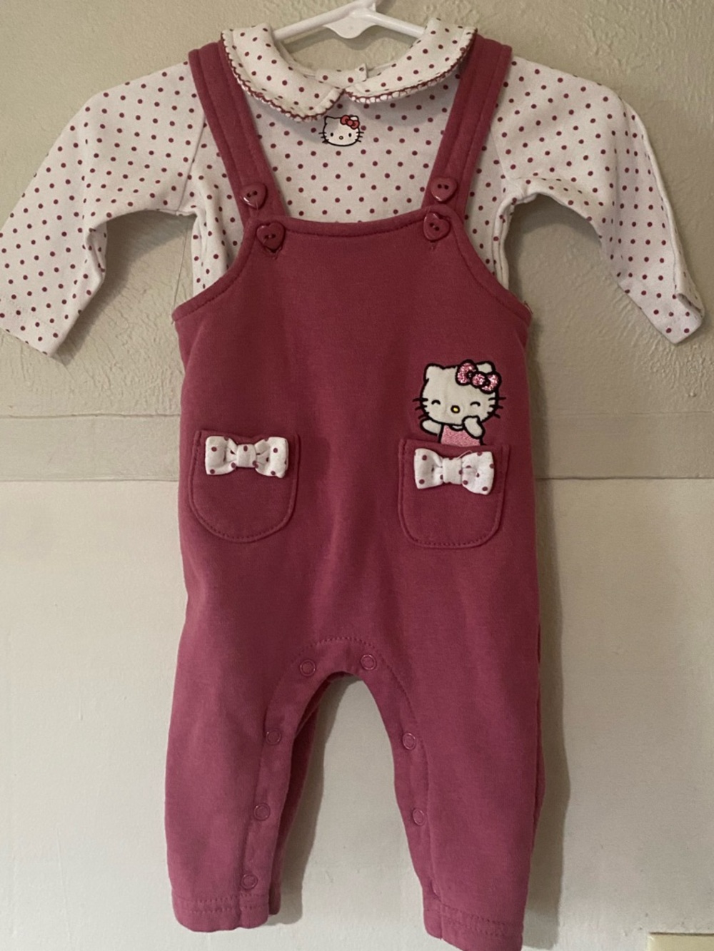 Hello Kitty Sanrio Rose Pink Overalls with White Polka Dot Top 3 Months